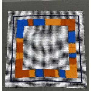 Vintage Abstract Geometric Houndstooth Silk Scarf Blue Orange Print Headwear